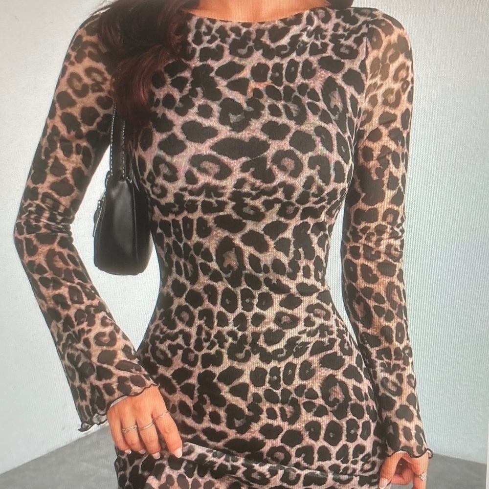 Long Sleeve Leopard Print Bodycon Dress in Brown - Picture 2 of 6